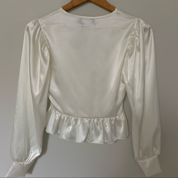 White Satin Ruched Button Waist Blouse - Picture 9 of 11